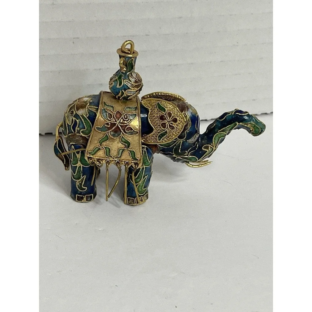 Elephant Enamel Cloisonne Lucky Elephant Figurine Trunk Up 1.5